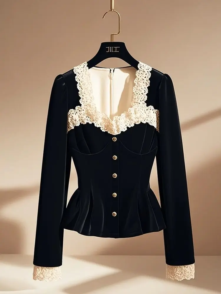 قميص نسائي كلاسيكي فاخر بأكمام طويلة من الدانتيل من المخمل قميص نسائي أنيق مزين بالترتر قميص نسائي للحفلات المكتبية 2024 كوري جديد