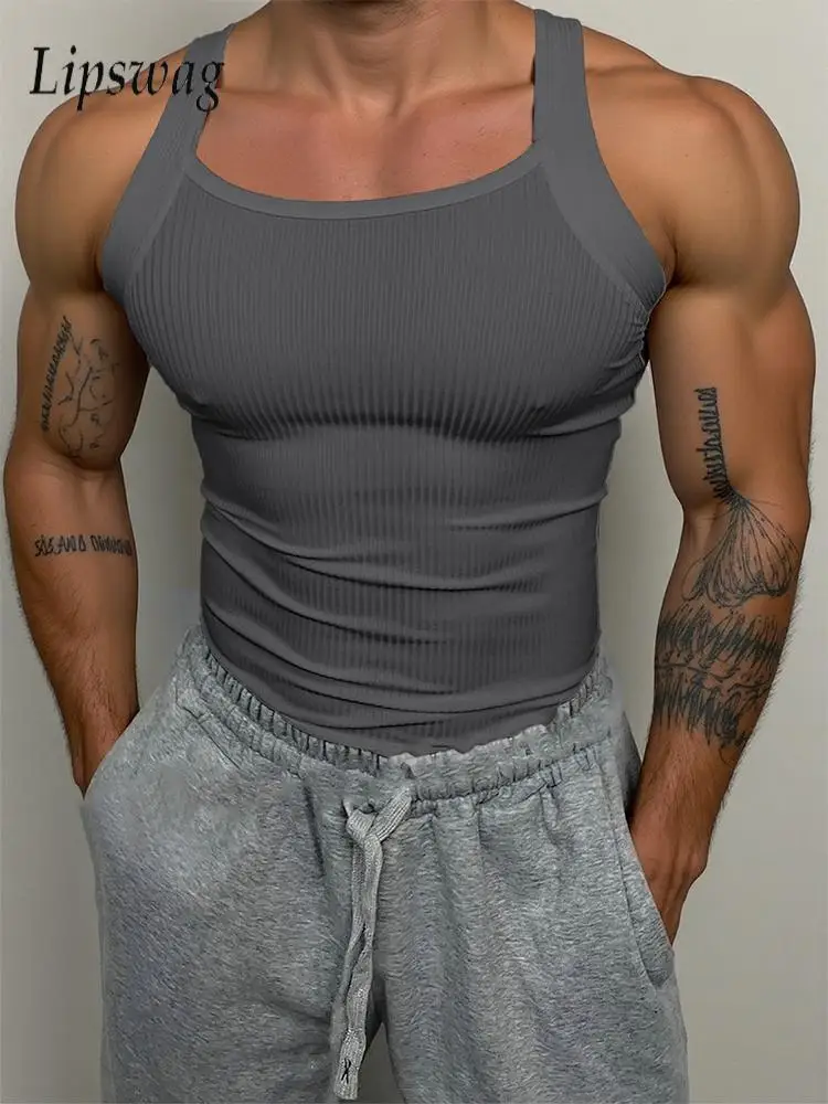 Classic Men's Ribbed Tank Tops Elastic Slim Fit Breathable Solid Color Camisoles Men Fashion Sleeveless Straps Vest Tops