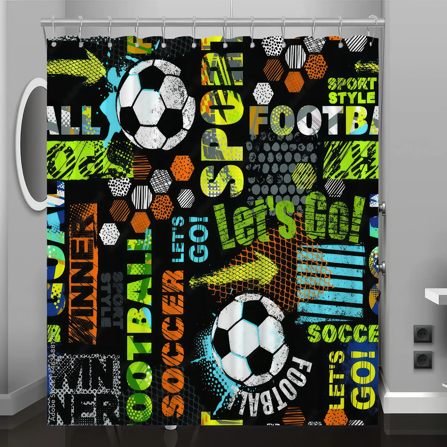 Football Pattern Digital Print Shower Curtain, Bathroom Renovation Home Decoration, Free Hooks