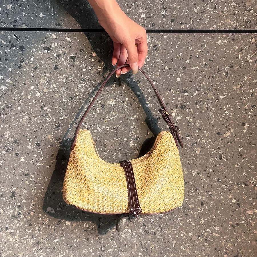 Vintage Woven Underarm Bag Splicing Straw Brown Leather Slack Atmosphere Commuter Vacation Shoulder Tote Bag - view 4