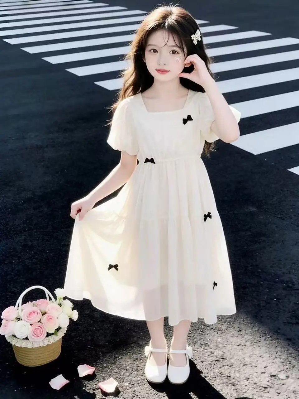 Vestido de Princesa de Chiffon com Laço Borboleta e Manga Bufante para Meninas, Novo Estilo de Verão, Tamanhos Médio a Grande...