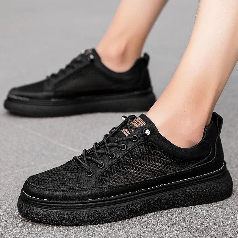 

Кроссовки мужские на шнуровке, Вулканизированная подошва, дышащие сетчатые, Повседневная универсальная обувь на низком каблуке, однотонные, осень 2023