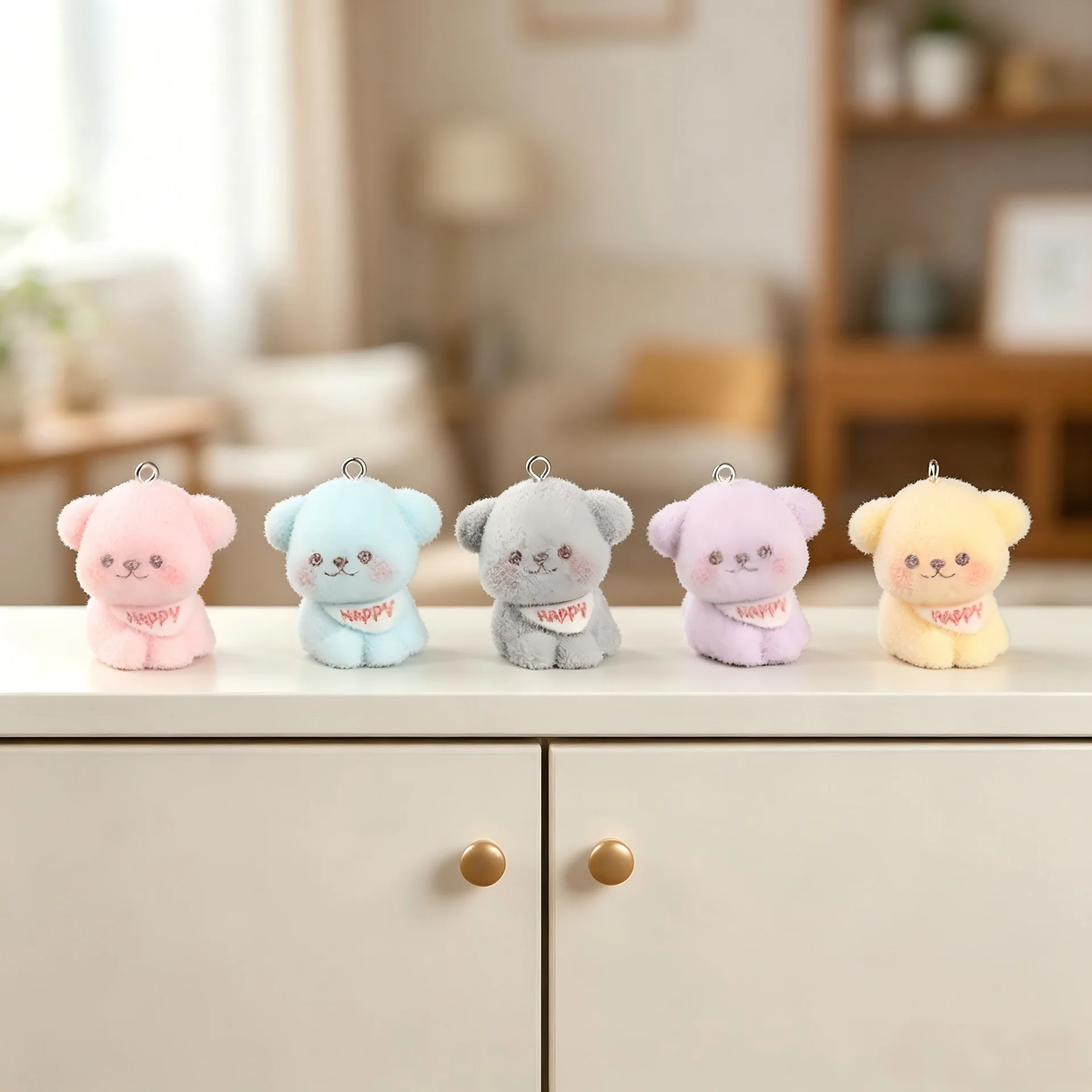 20pcs Cartoon Flocked Dog Figurine Key Ring Resin DIY Jewelry Hanging Charms for make Purse Phone Backpack Pendant Accessory