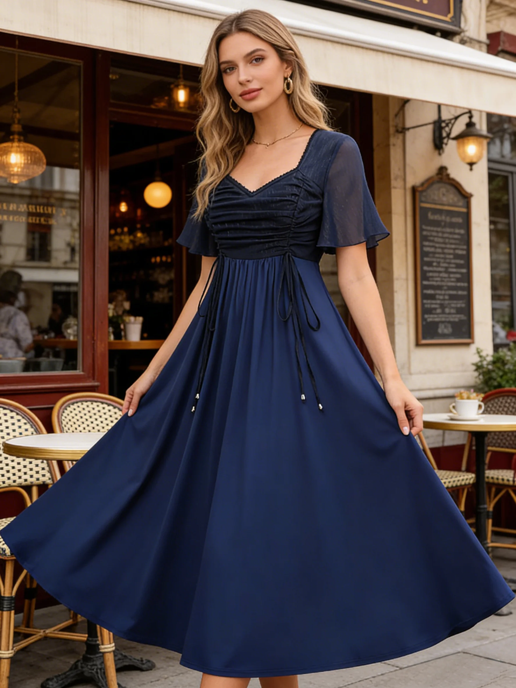 

plus Size A-Line Mid-Length Dress with Pleated Waist-Cinching Flash Line Insert European American Spring Autumn Fashion