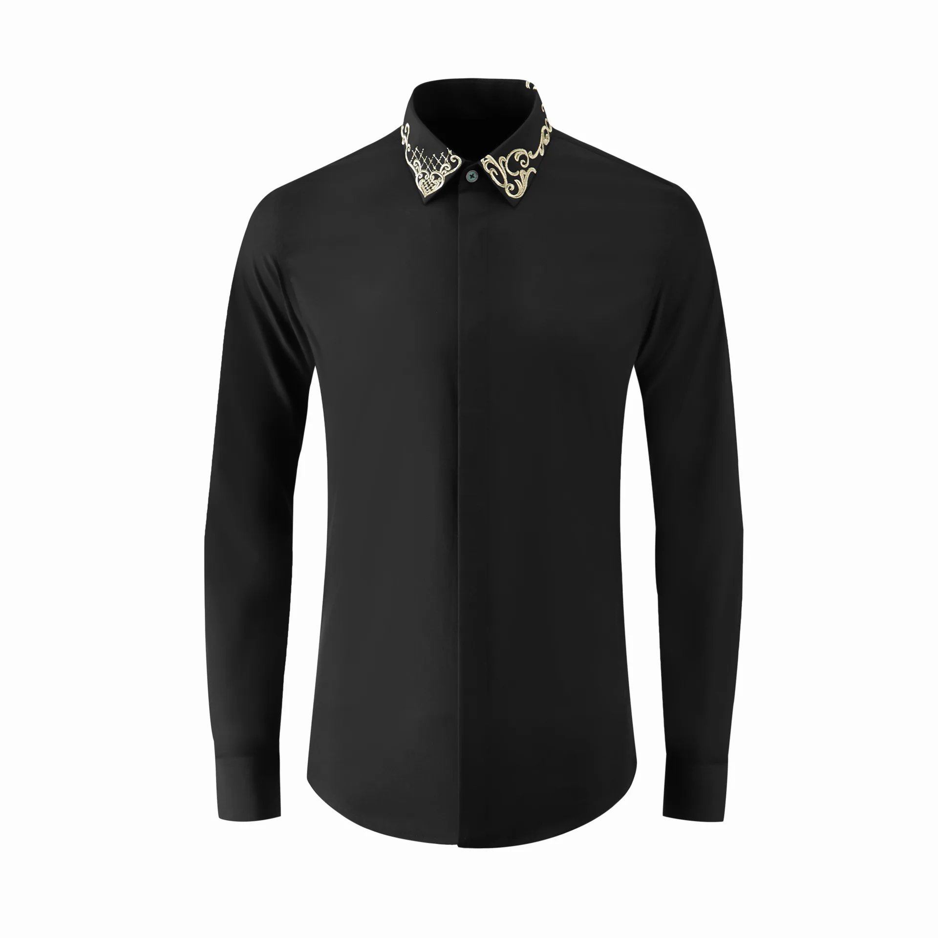 Men's slim fit long sleeved shirt collar with gold thread embroidery, royal pattern, Chinese style, ethnic style factory