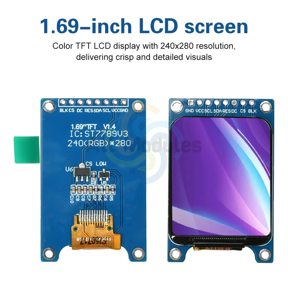 وحدة شاشة TFT LCD مقاس 1.69 بوصة ST7789V3 SPI واجهة تصميم زاوية مستديرة رفيع للغاية بدقة 240 × 280 شاشة ملونة