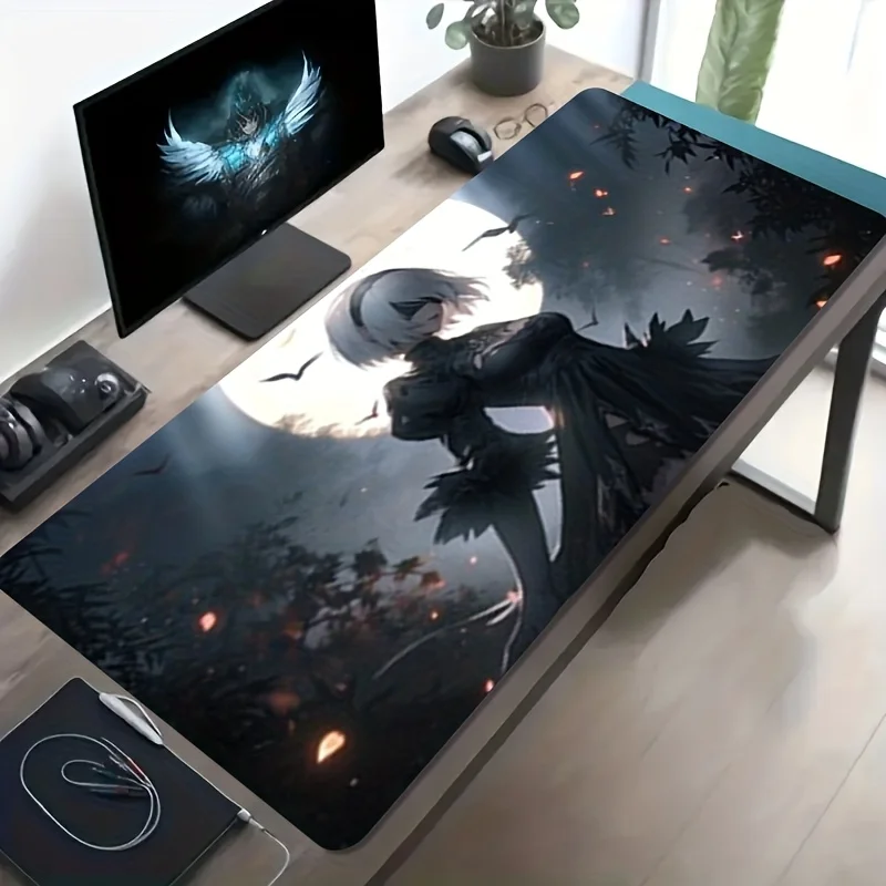 Large Black Dress White Hair Girl Moon Forest Anime Gaming Mouse Pad Non-Slip Washable Rubber Desk Mat Office Decor