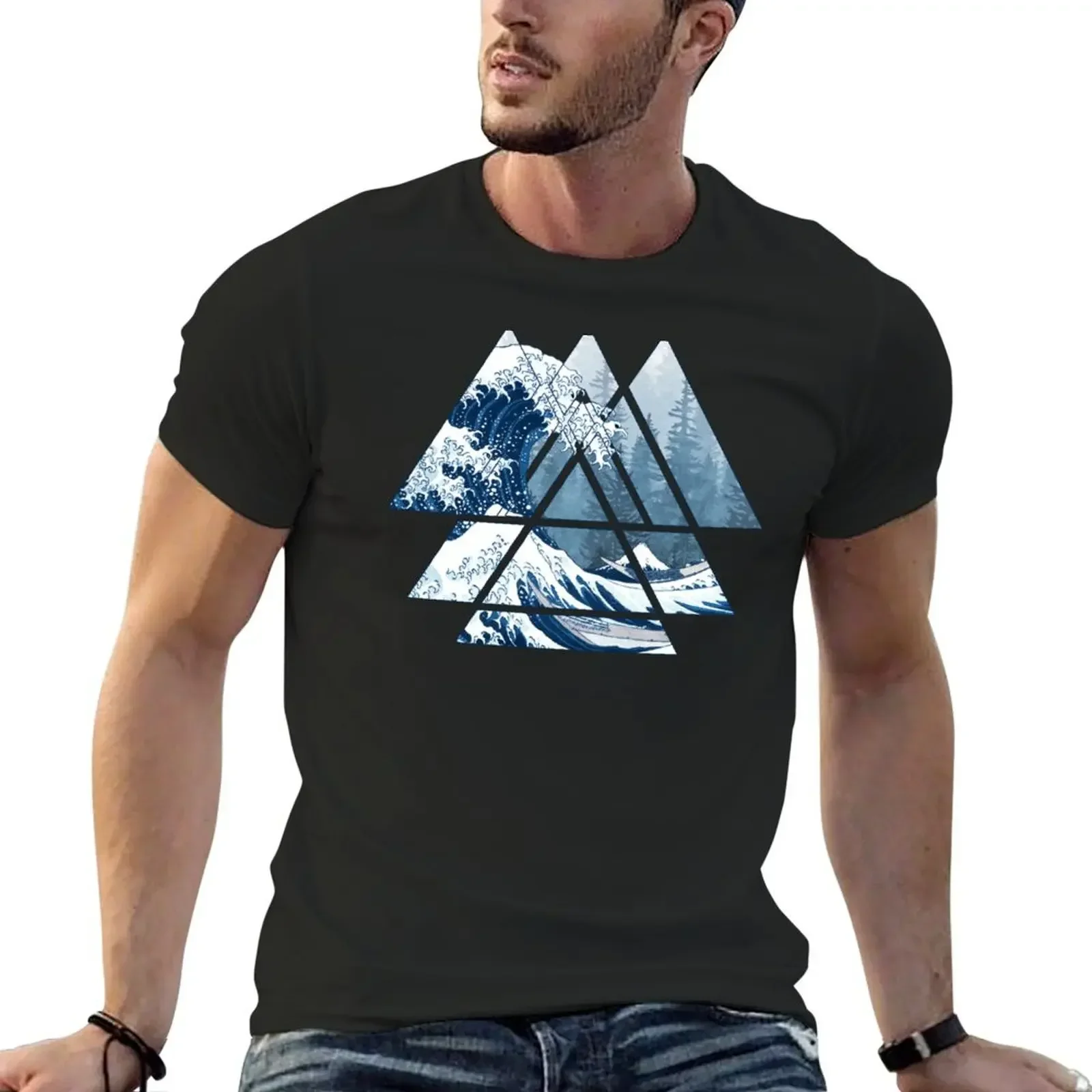 

The Great Sacred Geometry Triangles - Misty Forest Wave T-Shirt quick drying mens graphic t-shirts funny