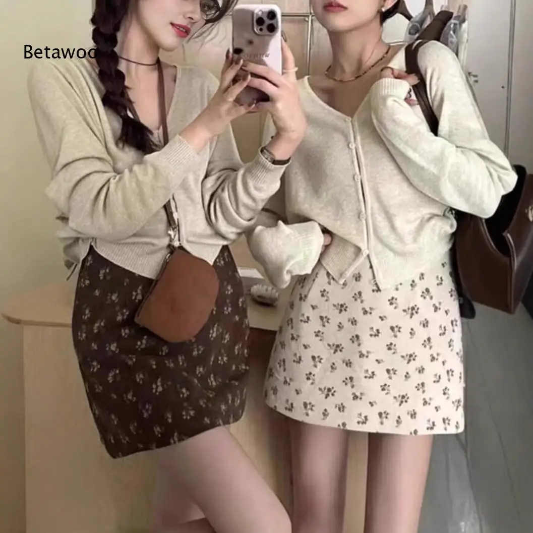 Women High Waist Ditsy Floral Mini Skirt Lapel Design Slim Fit Casual A Line Short Skirt