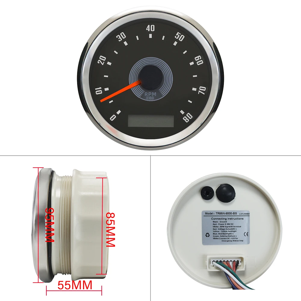 Rhaxel 85mm Tachometer 0-8000RPM 0-10000RPM Classical Tacho Gauge with Hourmeter Red Yellow Backlight 12V 24V for Car Racing