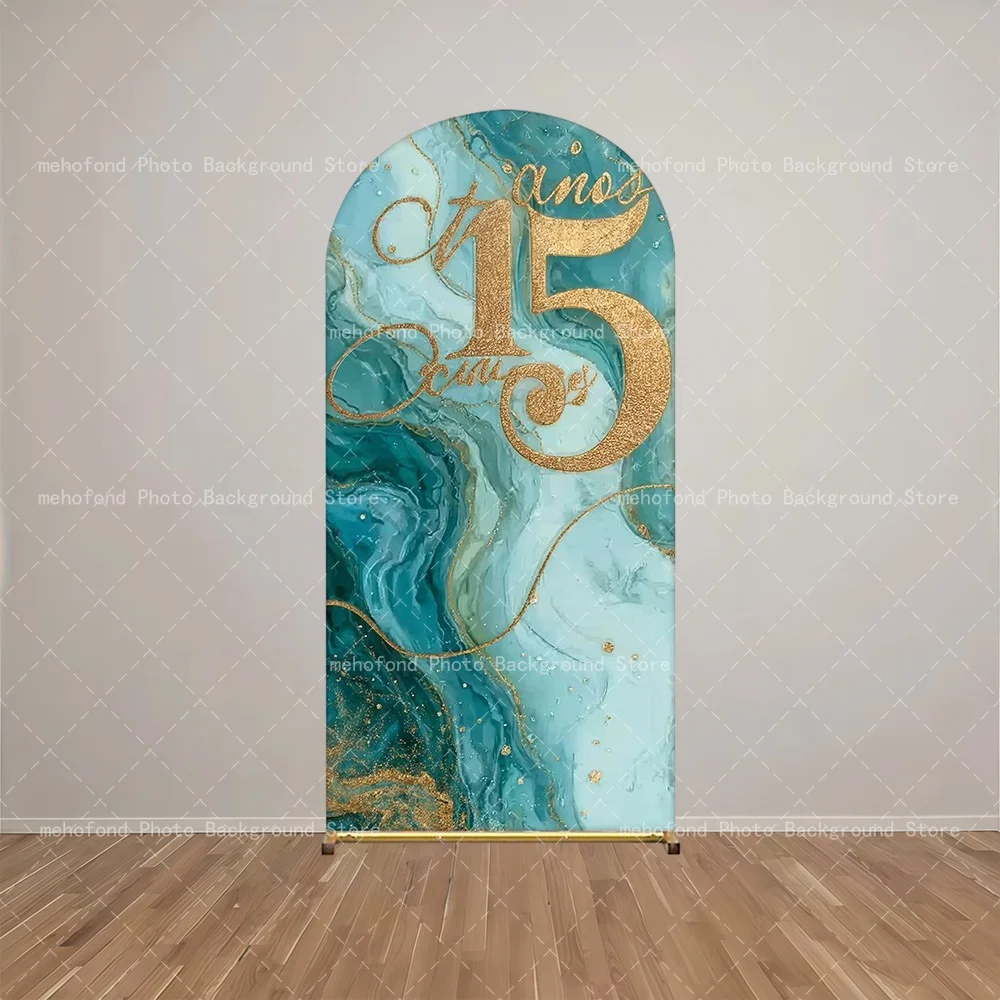 Mehofond Arch Backdrop Green Pine Stone Gold 15-Year-Old Adult Ceremony Puff Dress Girl Back Butterfly Birthday Photography