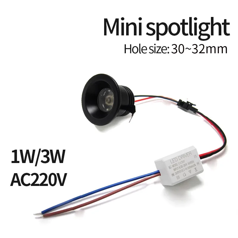 Mini LED Downlight 1W 3W 30-32mm Hole Size AC220V Jewelry Display Light Ceiling Light Embedded Cabinet Spotlight Black/White