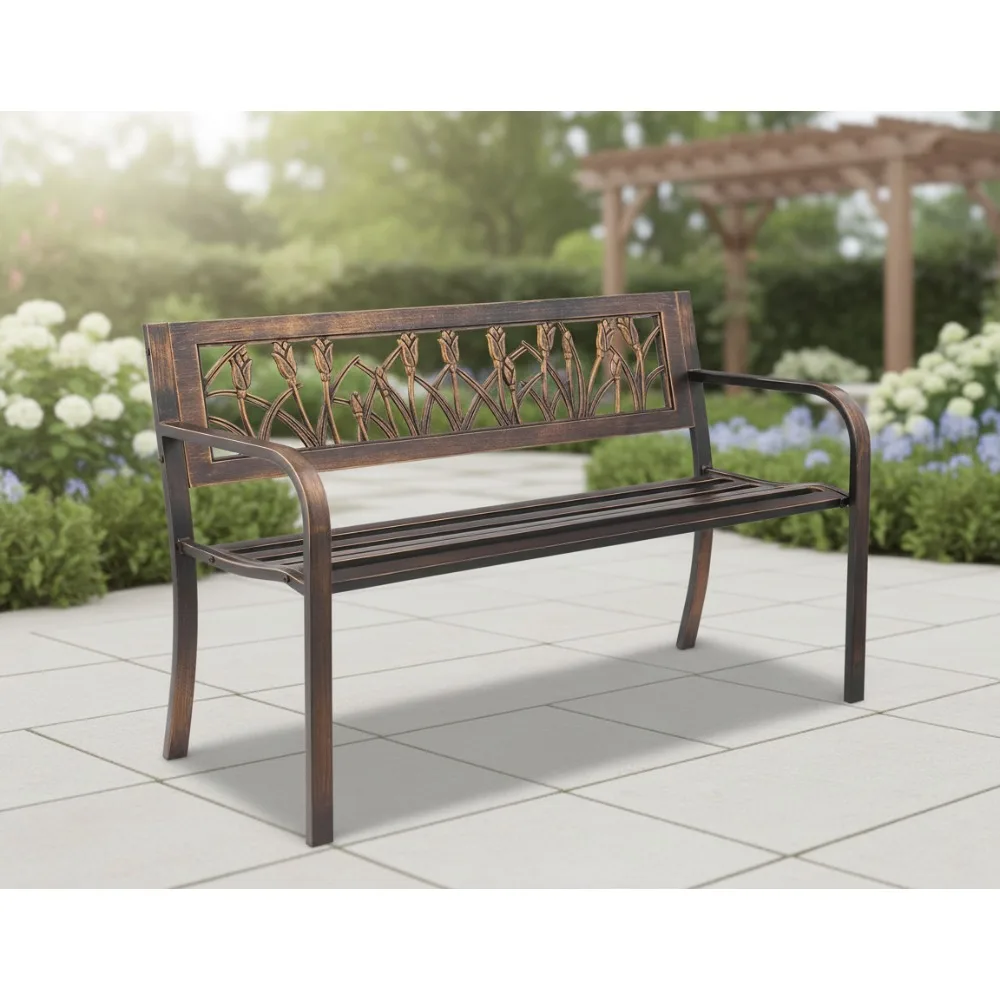 

50-дюймовая уличная скамейка со спинкой с цветочным узором, устойчивый к атмосферным воздействиям стальной каркас для патио, сада, двора, поддерживает 550 фунтов