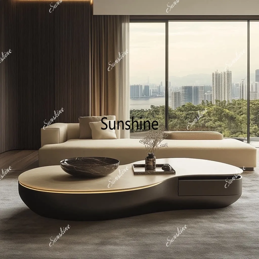 Light luxury curved microcrystalline stone storage coffee table, villa large flat high-end tea table