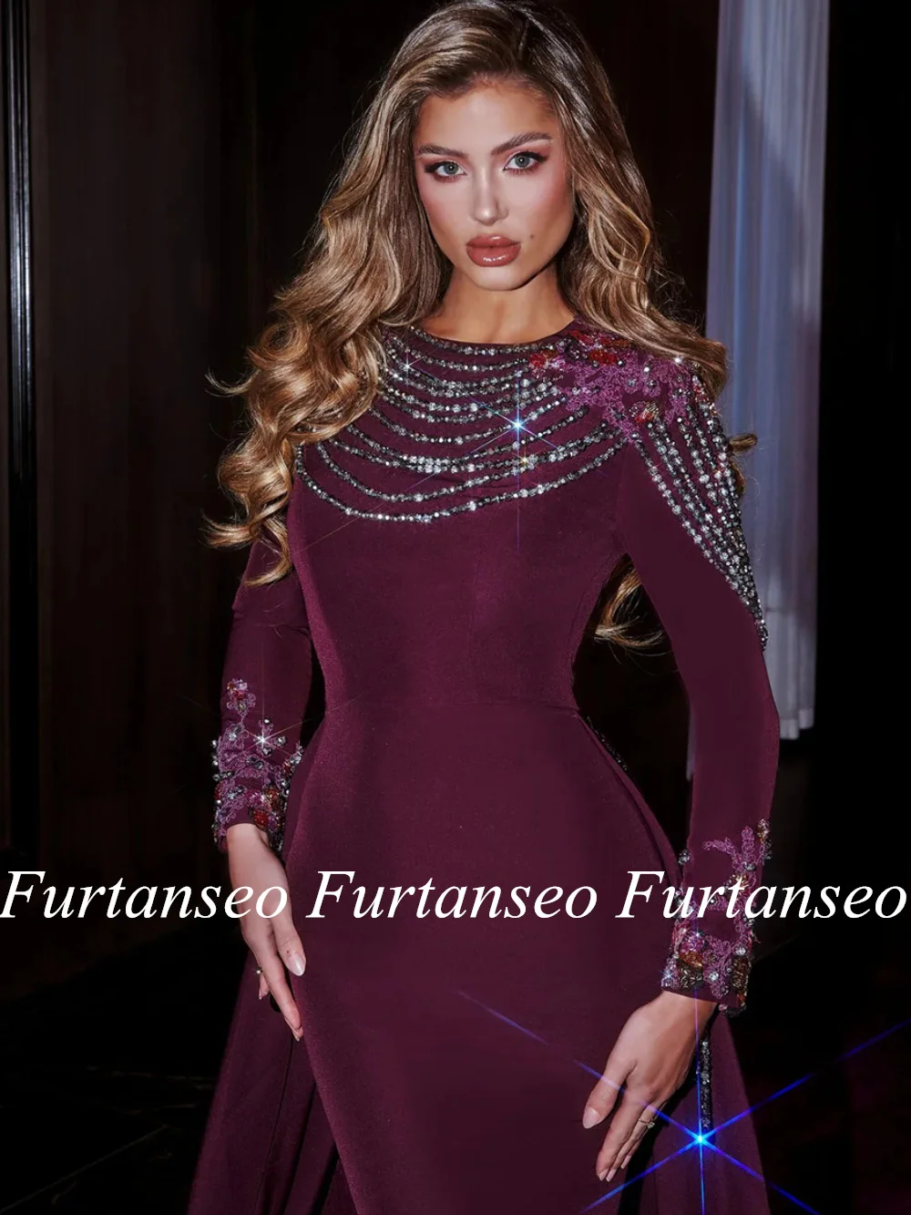 Luxury Islamic Prom Dress Round Neck Long Sleeves Stones Applique Beading Sweep Train Mermaid Evening Gown Formal Dresses