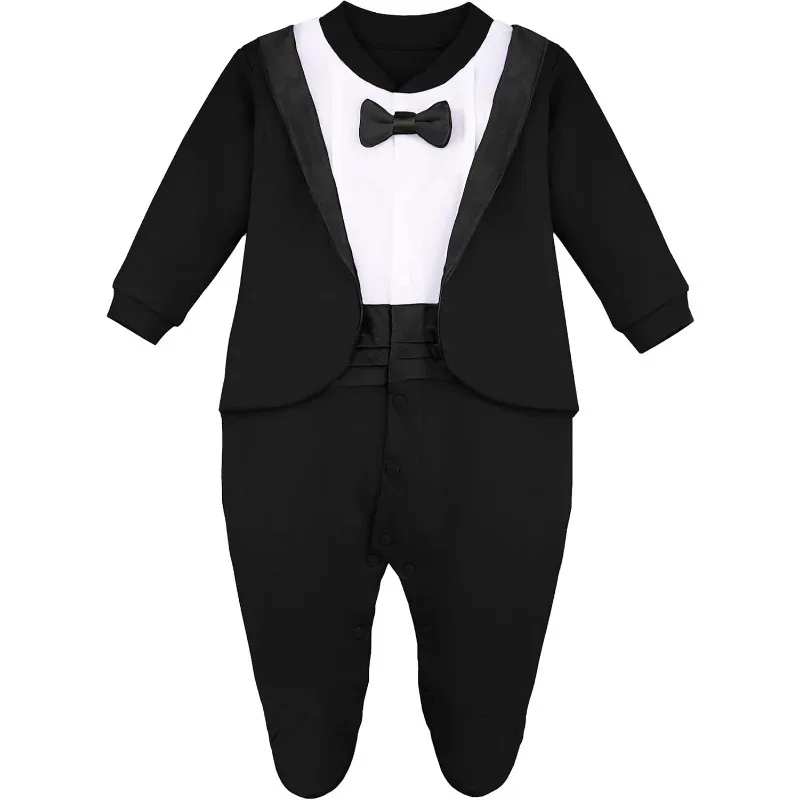Tuxedo Baby Grow Tux Dinner Jacket Newborn Bodysuit Long Sleeve Sleeved Legs Wedding Formal Costume Top Romper Bow tie Gift