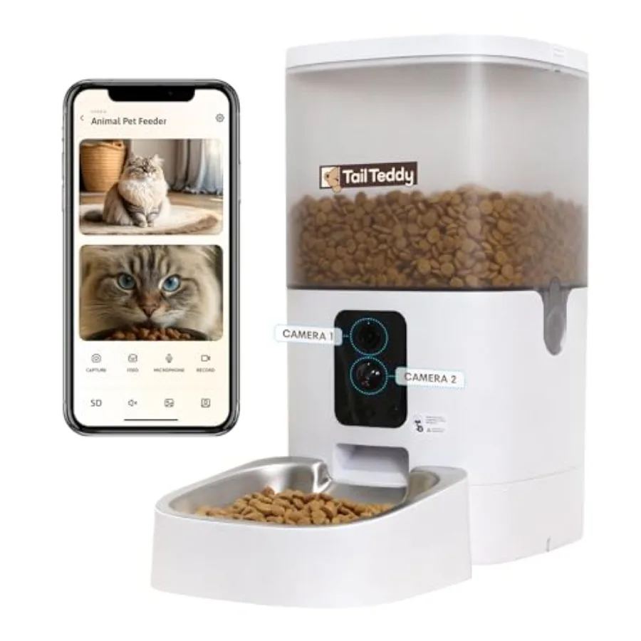 Automatic cat feeder for home use, stainless steel bowl, white, dual camera with AI detection, WiFi app control, two-way audio,