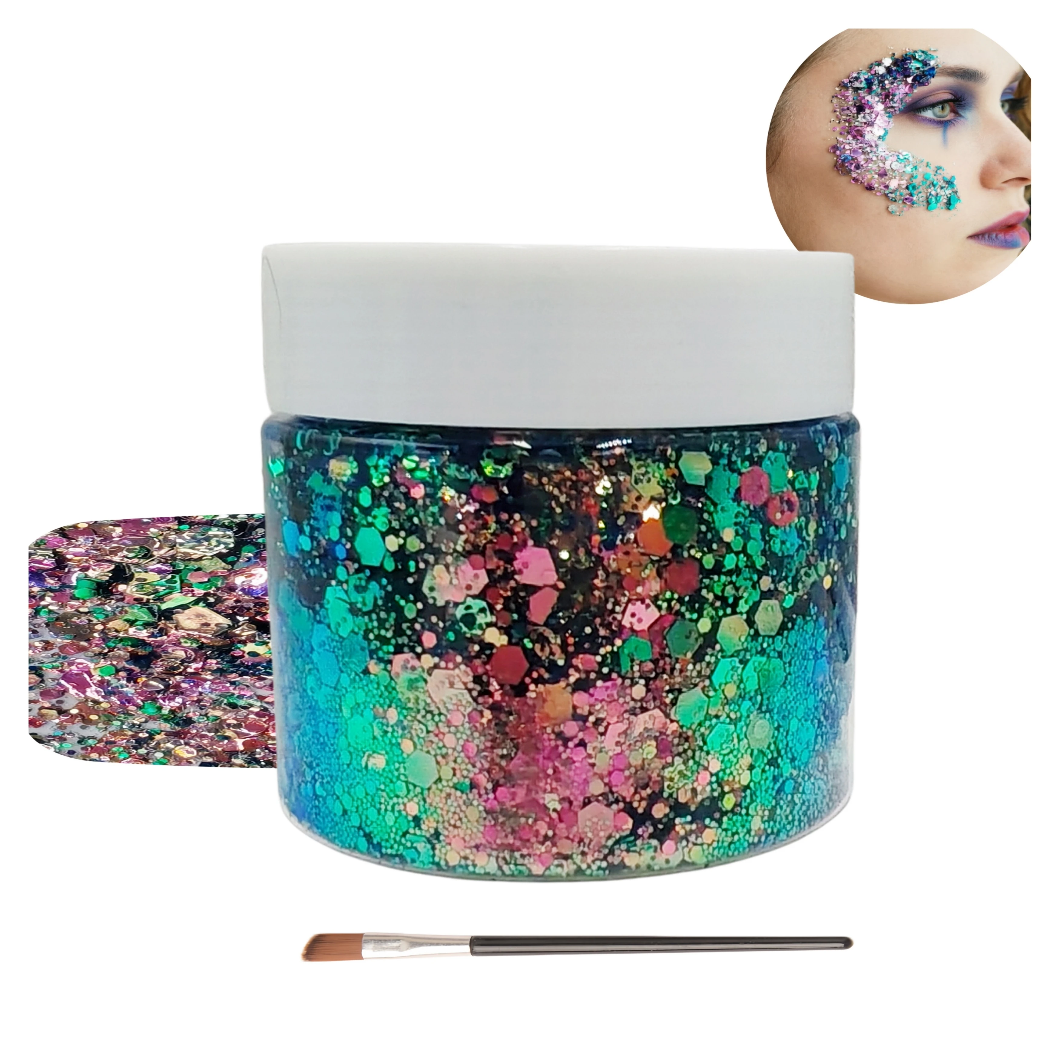 50ml Chameleon Color Shift Body Glitter Gel–Self Adhesive Sparkle Sequins Flakes for Face Rave Festival Cosplay Makeup+Brush