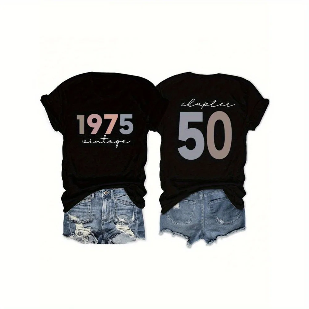 

1975 Retro Chapter European and American Comfortable Loose fit Women'S Round Neck Short Sleeve T-shirt, 180g Pure Double sided