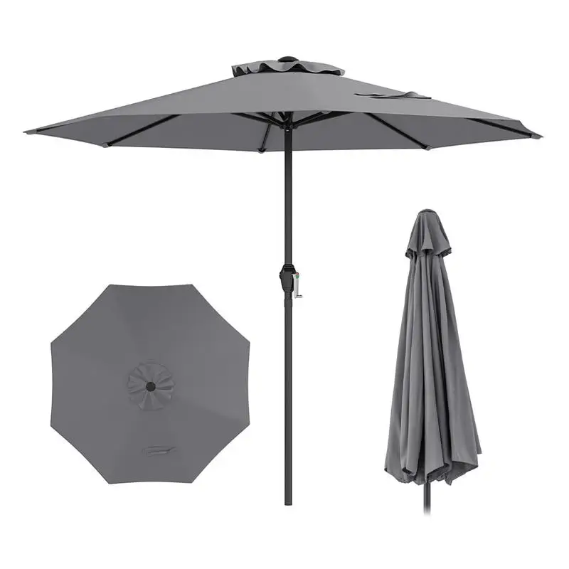 Parasol de marché robuste pour l'extérieur avec manivelle et 8 baleines robustes – Gris, imperméable, protection UV pour patio, jardin, piscine, plage, café, restaurant