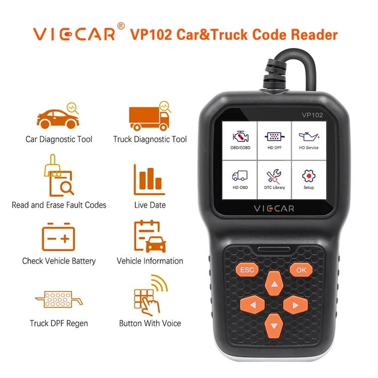VP102 Viecar 2 In1 car&Truck Scanner Hand Held Obd2 Diagnostic Tools 12v 24v J1939 OBD ELM327 OBD2 24V Truck OBD2 Scanner