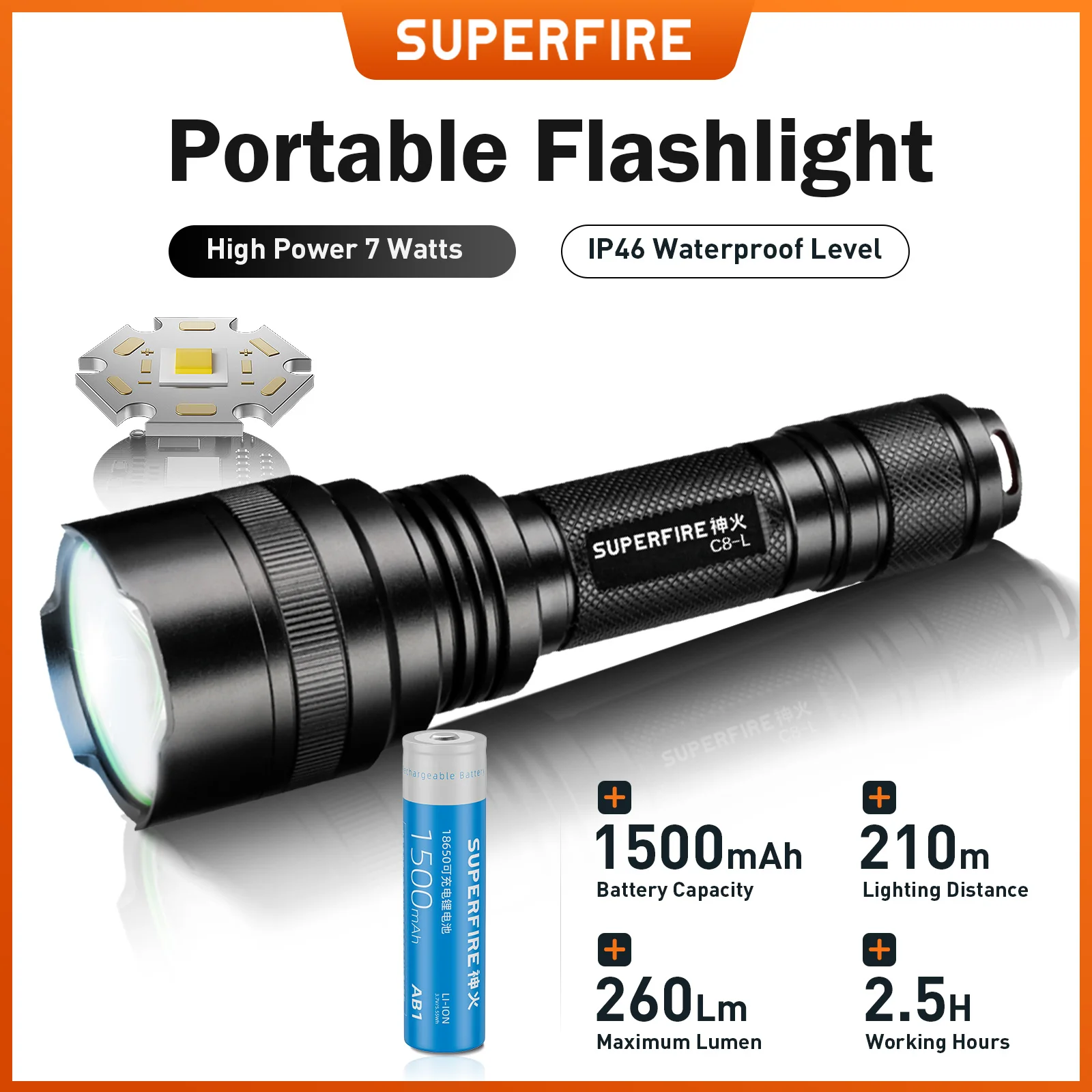 SUPERFIRE C8-L 7 Вт, самый яркий светодиодный фонарик 18650, перезаряжаемый рабочий фонарь IP46, водонепроницаемая уличная лампа для кемпинга, велосипедный фонарь