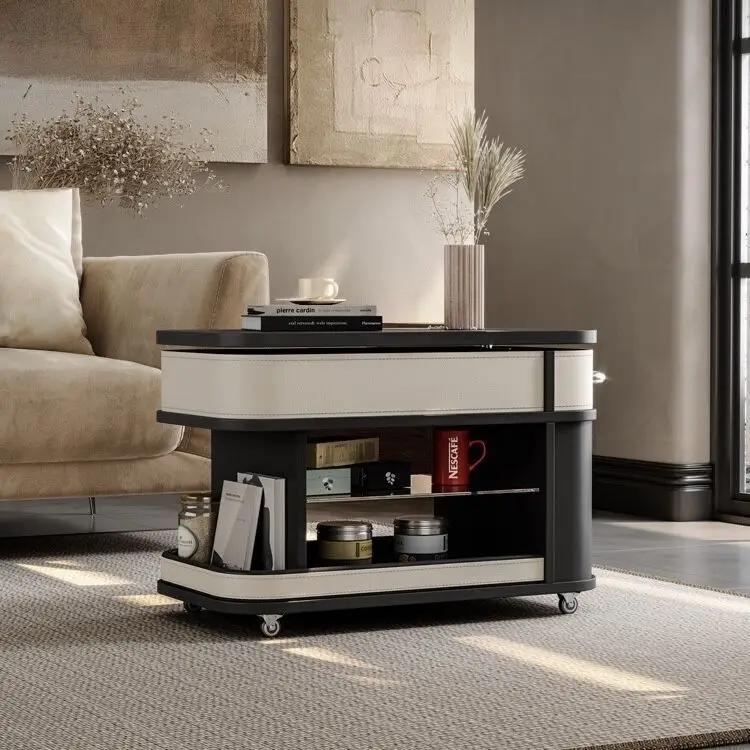 Movable lift coffee table small apartment living room home 2025 new trolley smoked wood grain saddle leather edge table