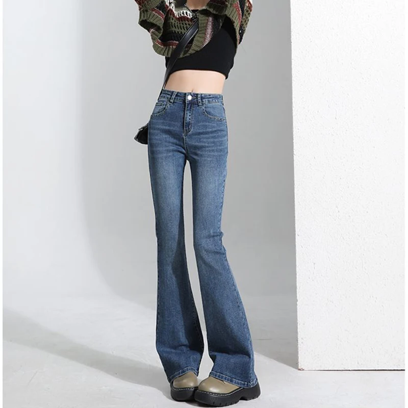 Hot Sale Girls Classic Korean Thin Flared Jeans Lady High Waist Solid Denim Pants Women Retro Fashion Leisure Trousers