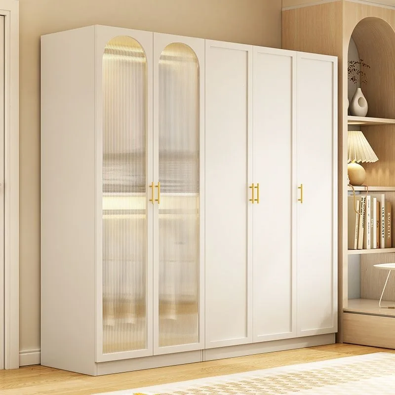 New Solid Wood Wardrobe Home Bedroom Modern Light Luxury Ecological Board Retro White Explosion-proof Glass Door Adult Wardrobe