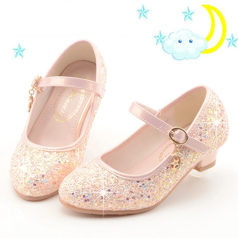 Glitter Princess Shoes for Girls Autumn Children\'s Shoes with Heels Fashion Wedding Party Kids Leather Shoe Breathable Non-slip