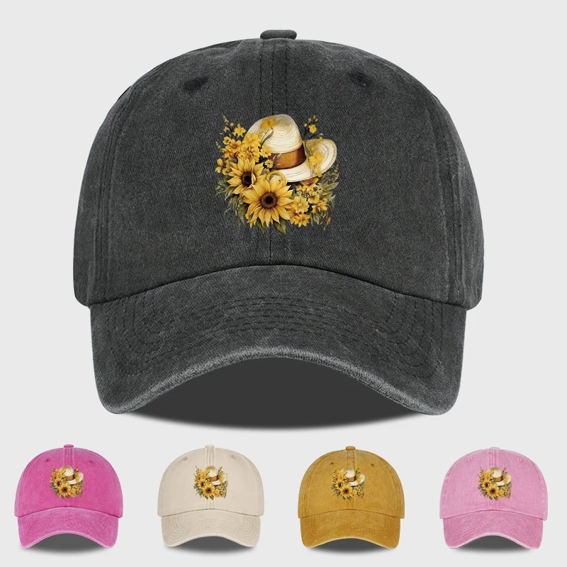 Sunflower Straw Hat Print Baseball Cap Men Women Vintage Was