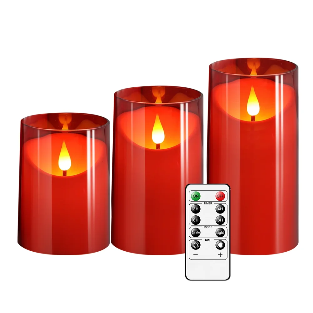Red Acrylic Flameless LED Candles with Timer Dimmable Flickering Safe for New Year Party Bar Restaurant Dining Table 2AA Battery