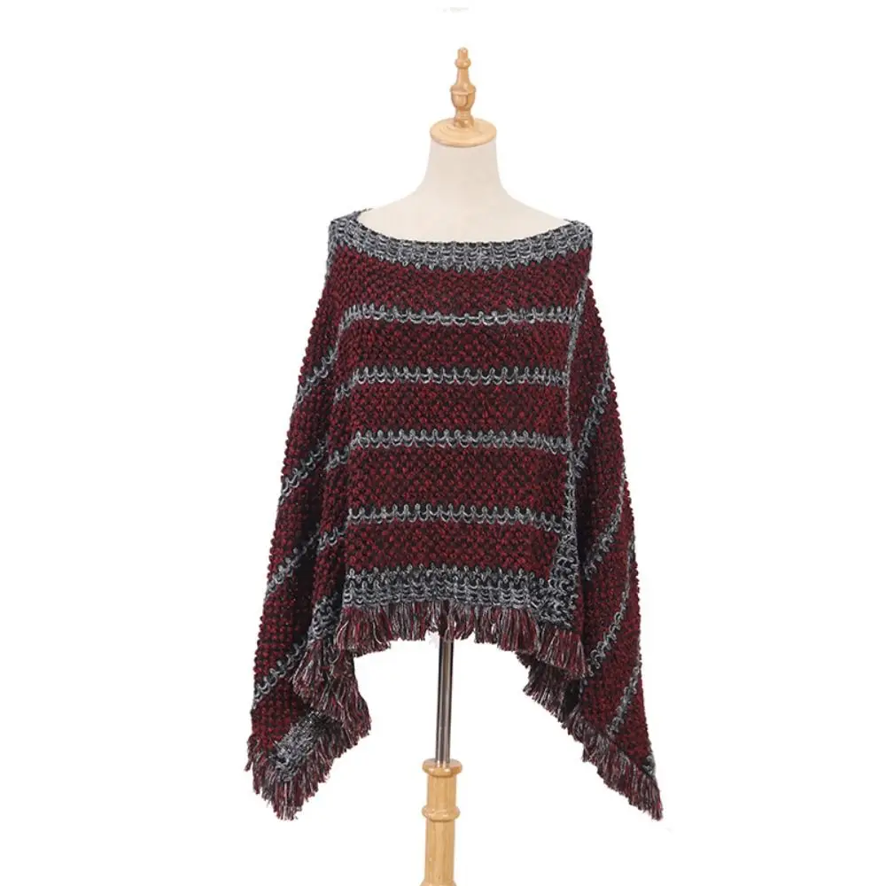 

Модная осенне-зимняя теплая вязаная шаль в этническом стиле в полоску, монгольское пончо, шаль с кисточками, накидка для женщин и девочек