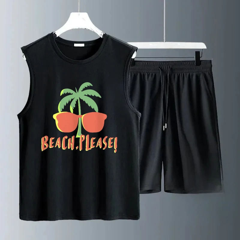 

2025 Men's Casual Sleeveless Summer Coconut tree red fruit print Set Breathable Comfortable Outfit for Hot Weather suits gym set