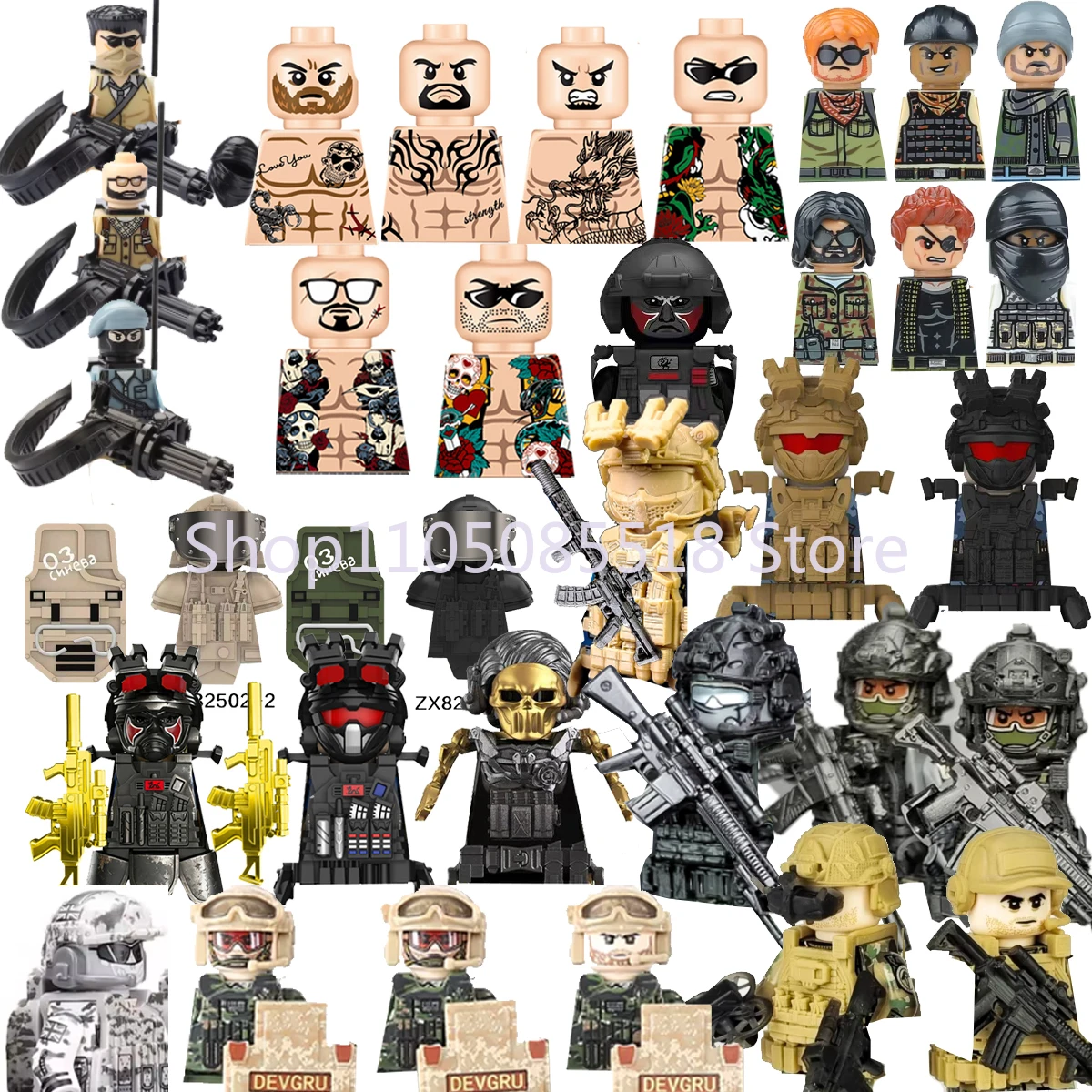 

Набор строительных блоков «Военные спецназовцы»: фигурки, снайпер, полицейский шлем, бандит, воин, тактический солдат, игрушка-конструктор, подарок E020