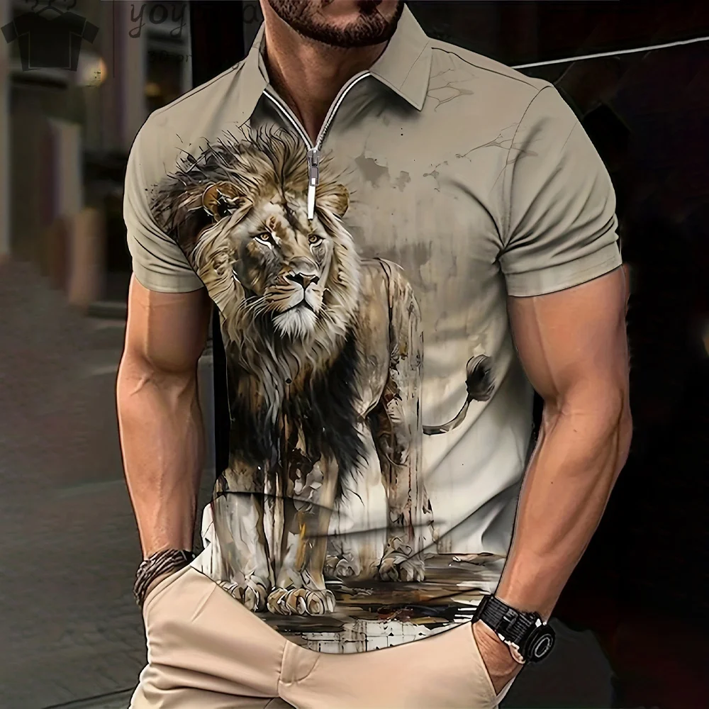 Camisa polo de manga curta masculina, estampa animal 3D, camisa simples de lapela, roupa estampada leão, tops casuais, verão