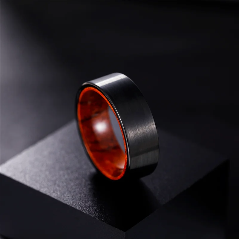 Tigrade New Black Matte Tungsten Ring 8mm Width Flat Brushed Red Sandalwood Inner Set Fashion Men Jewelry