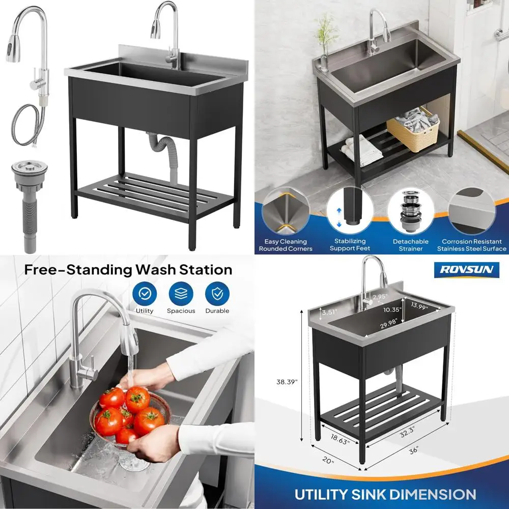 

Stainless Steel Free Standing Utility Sink with Faucet and Legs for Laundry, Kitchen, Restaurant, and Garage Use