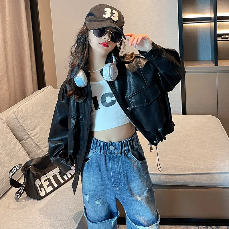 Girls Leather Jacket Autumn Trendy Cool Teenage Kids PU Outerwear Black Casual All-match Streetwear Kids Coats 10 12 13 14 Years