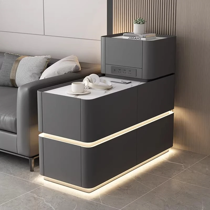 Living Room Multifunctional Side Cabinet Small Coffee Table Side Open Drawer Storage Locker Leather Rock Countertop With Lights