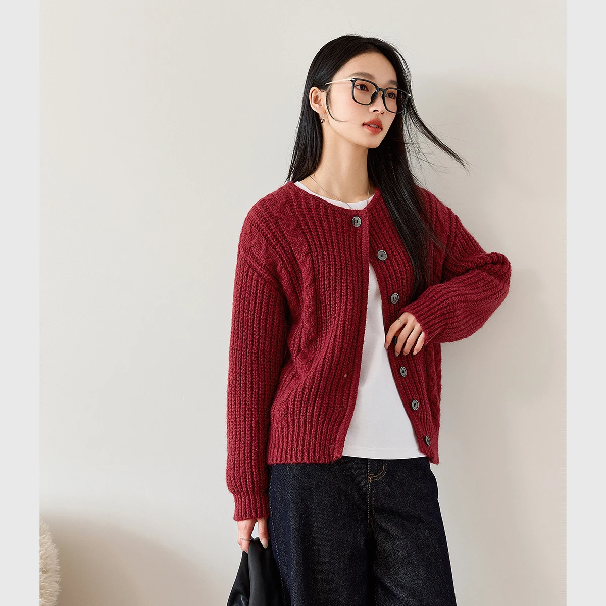 VIMLY Cardigan rosso donna Casual 2025 inverno girocollo lavorato a maglia all'uncinetto maglioni femminili cavo retrò maglioni larghi da donna 73658