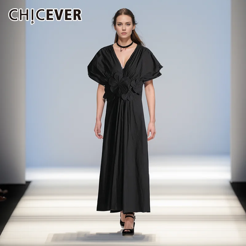 

CHICEVER Elegant Spliced Lace Up Maxi Dress For Women V Neck Short Sleeve High Waist Patchwork Appliques Pleated Dresses Female