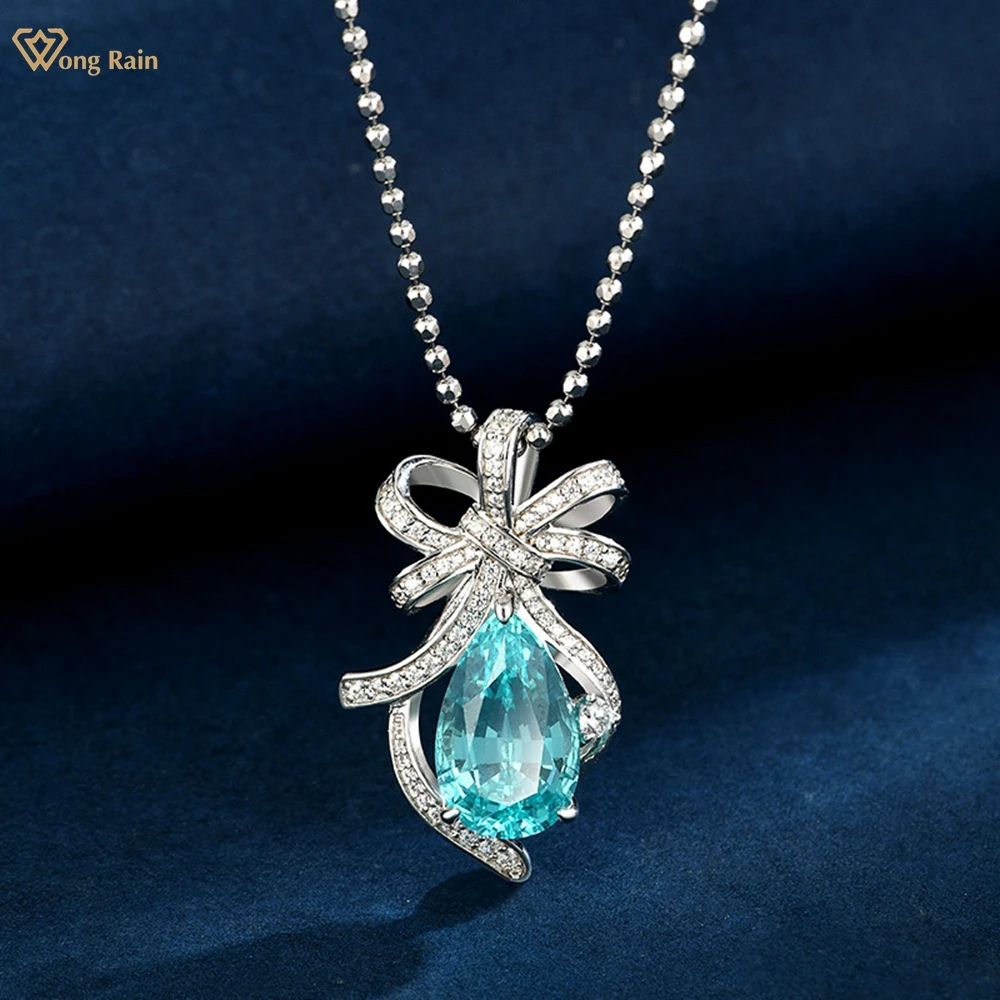 

Wong Rain 925 Sterling Silver Pear Cut 7 CT Paraiba Tourmaline Pink Sapphire High Carbon Diamonds Pendant Necklace Fine Jewelry