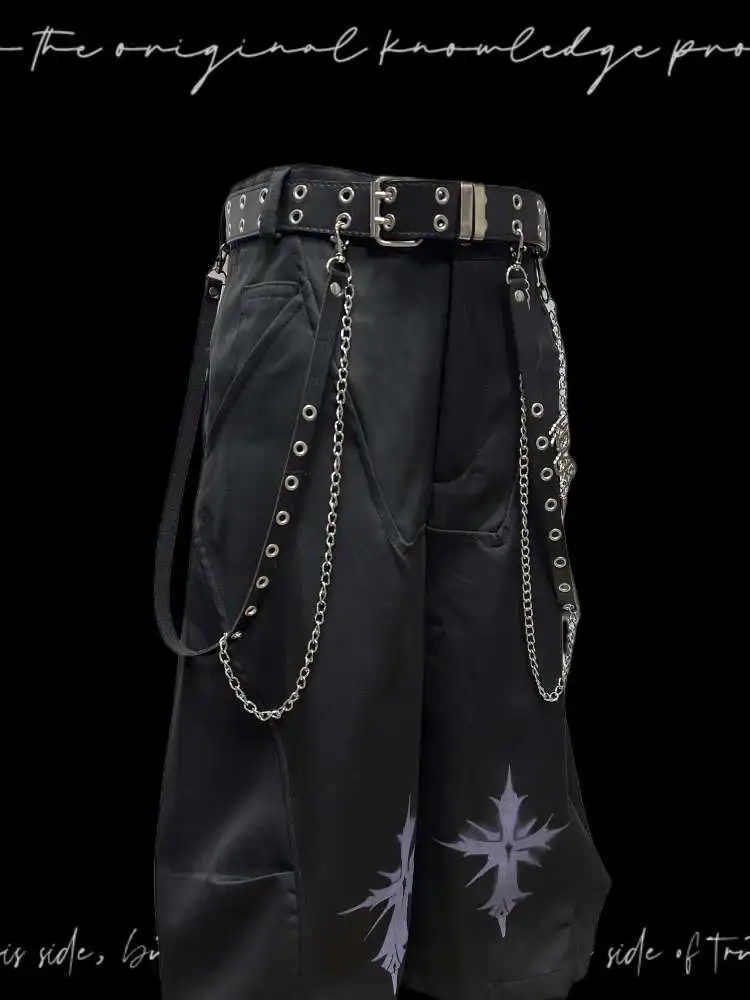 Man Women Gothic Punk Jeans Black Pleated Cropped Denim Pants Unisex Punk Rock Style American Summer Wide Leg Shorts