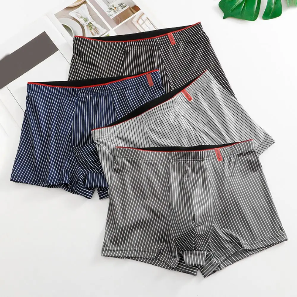 

4PCS Color Blocking Stripe Men's Flat Panties Large Size Low Waist Men Boxer Underpants Loose Underwear for Man Man