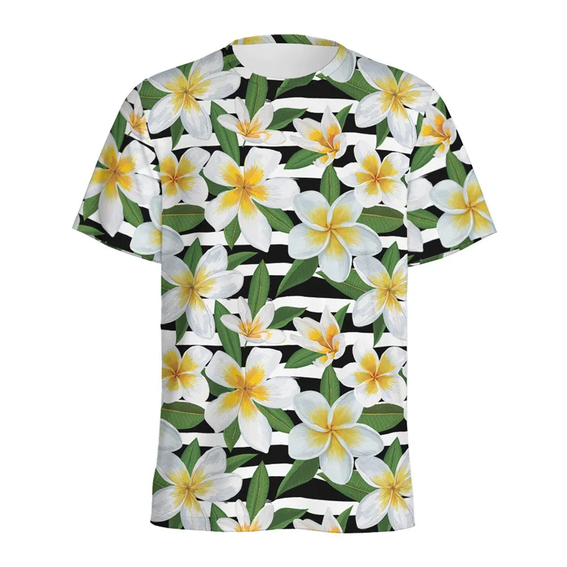 Trend Hibiscus Pattern T-shirt Summer Fashion Short Sleeve Round Neck Flower 3D Printed T Shirt Mens Street Loose Casual Tees