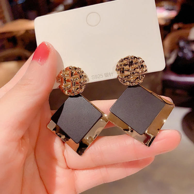 925 Silver Needle Korean Fashion Square Drop Earrings For Women Metal Earing Jewelry 2026 Trending New Black Gold Color Earrings