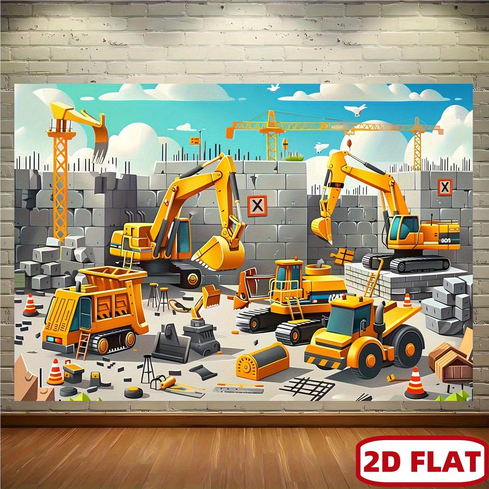 Construction Site Tapestry - Cartoon Excavators and Cranes Wall Art, Building Machinery Decor, Kids Room Nursery, Multiple Sizes