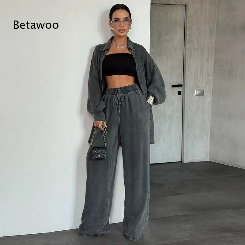 

Women's Denim 2 Piece Set Long Sleeve Button Down Shirt and Wide Leg Pants Matching Outfit Casual Loose Fit Co-ord Streetwear