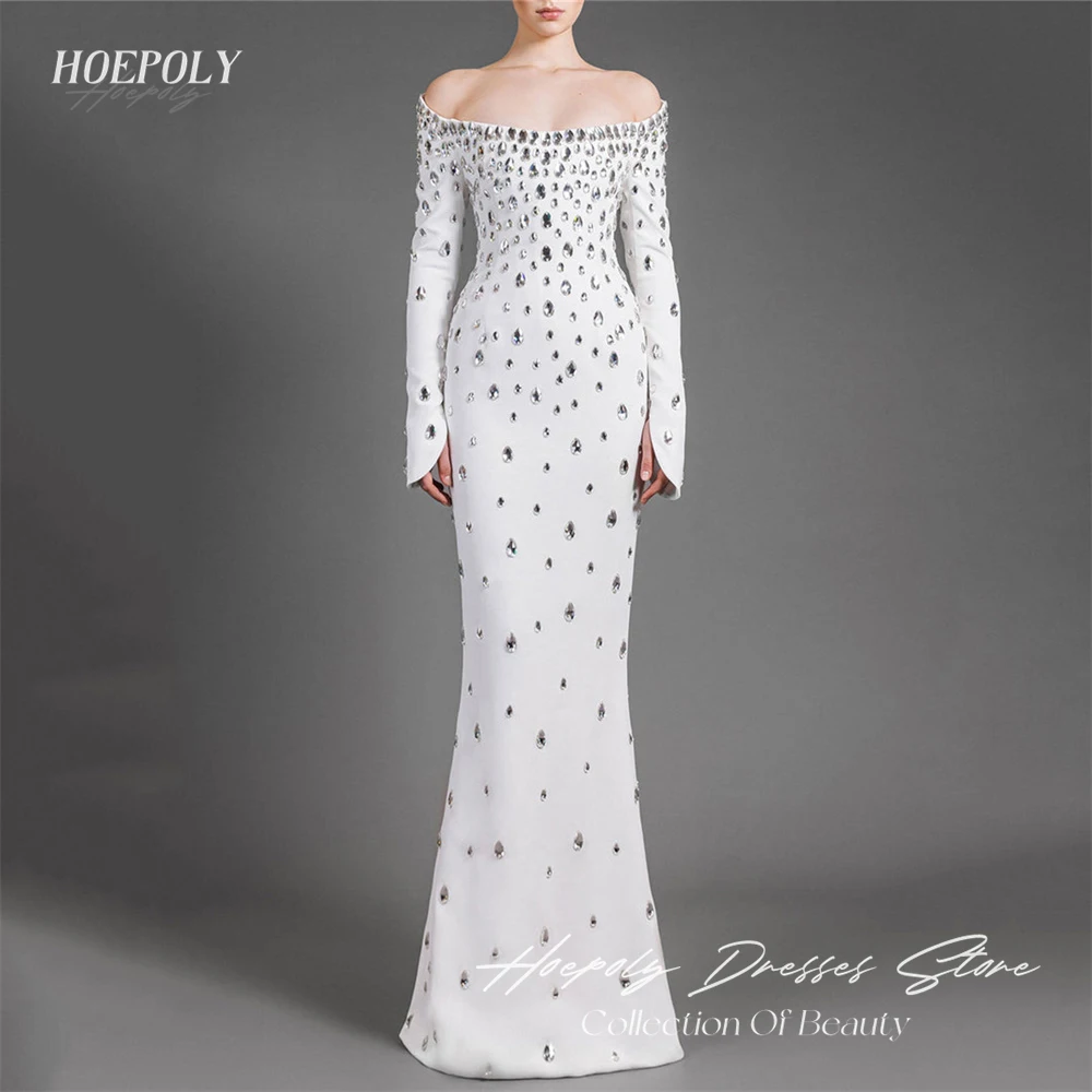 Hoepoly White Luxury Crystal Strapless Full Sleeve Mermaid Long Evening Dress Floor Length Classy Formal Prom Gown For Woman